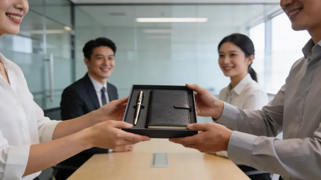 Employees exchanging a pen and notebook gift set