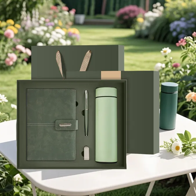 corporate gift sets thermal mug and custom pen and notebook and usb in the paper gift box