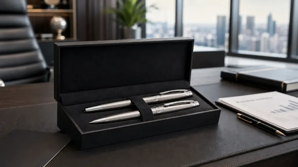 Luxury metal pen gift box in executive office