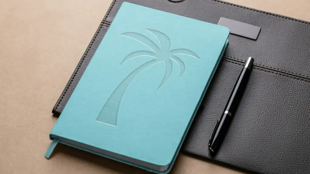 a notebook and. custom pen on the desk