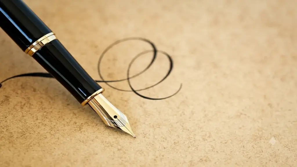 Fountain pen and stylized loops of ink on brown paper