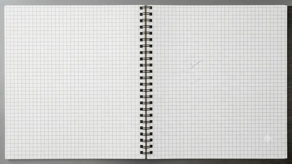 Open spiral-bound notebook with graph paper and a small mark