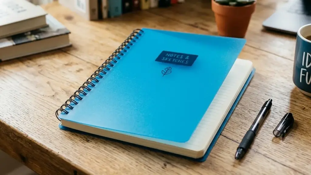 Blue plastic cover spiral notebook on wooden desk with coffee