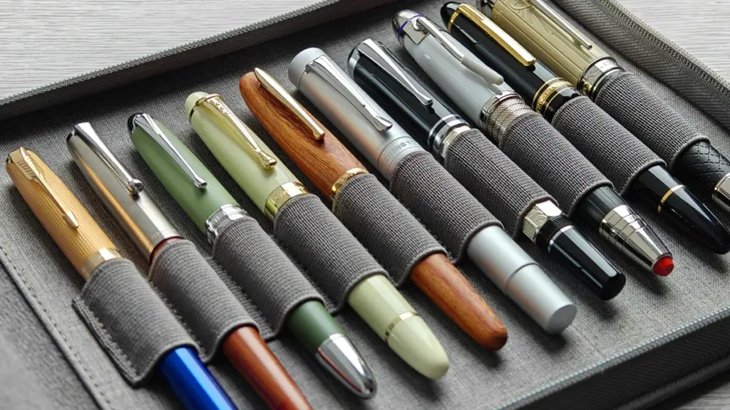Collection of luxury fountain pens arranged in a grey case
