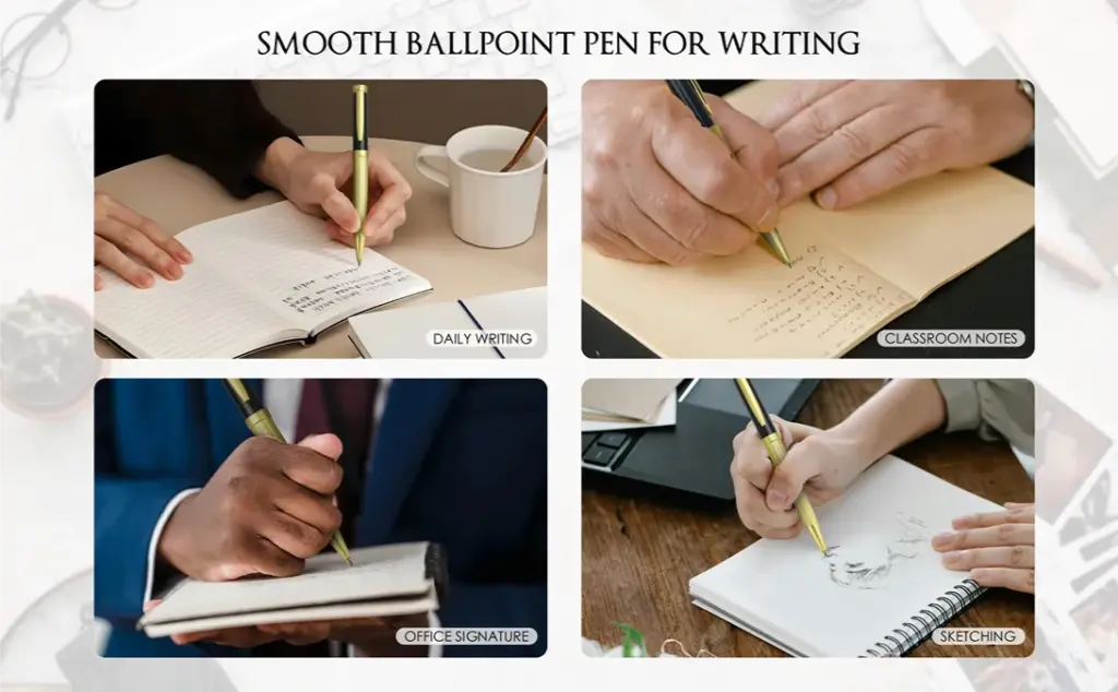 Four-panel grid showing different uses of a ballpoint pen