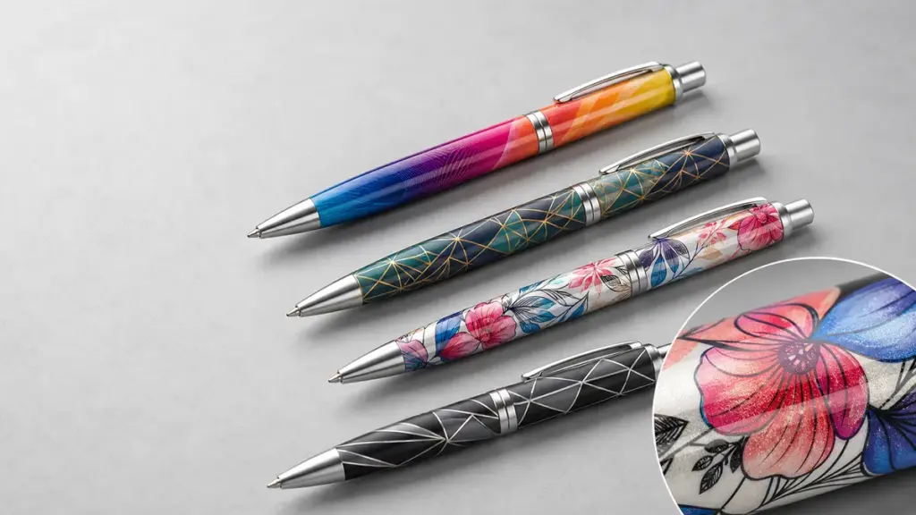 Four stylish patterned sublimation ballpoint pens with close-up flower detai