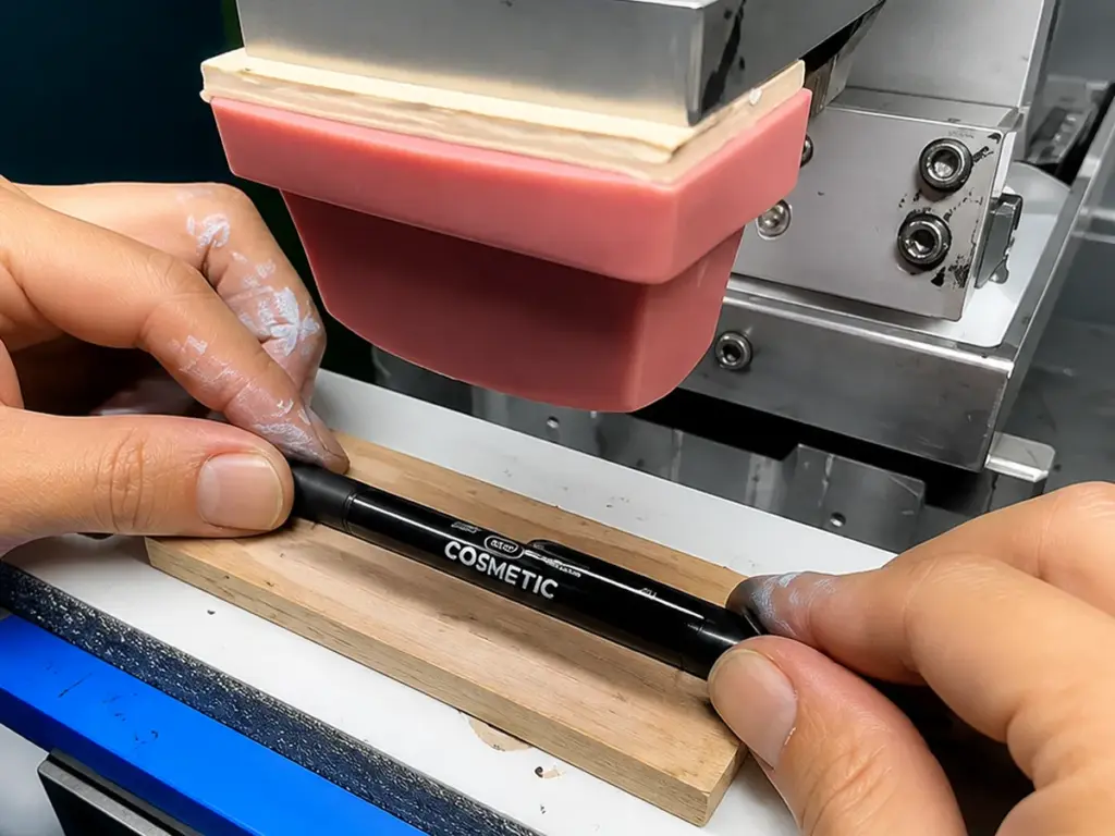 Hands positioning a black cosmetic pen under pad printing machine