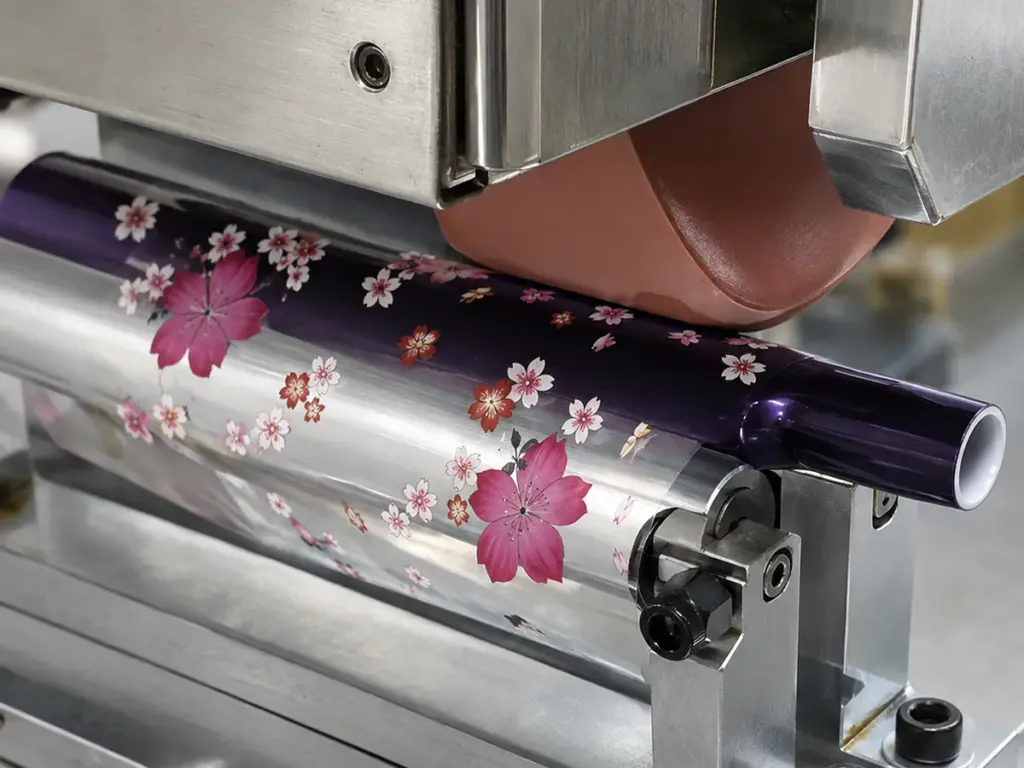 Industrial hot stamping machine applying cherry blossom patterns on cylinder