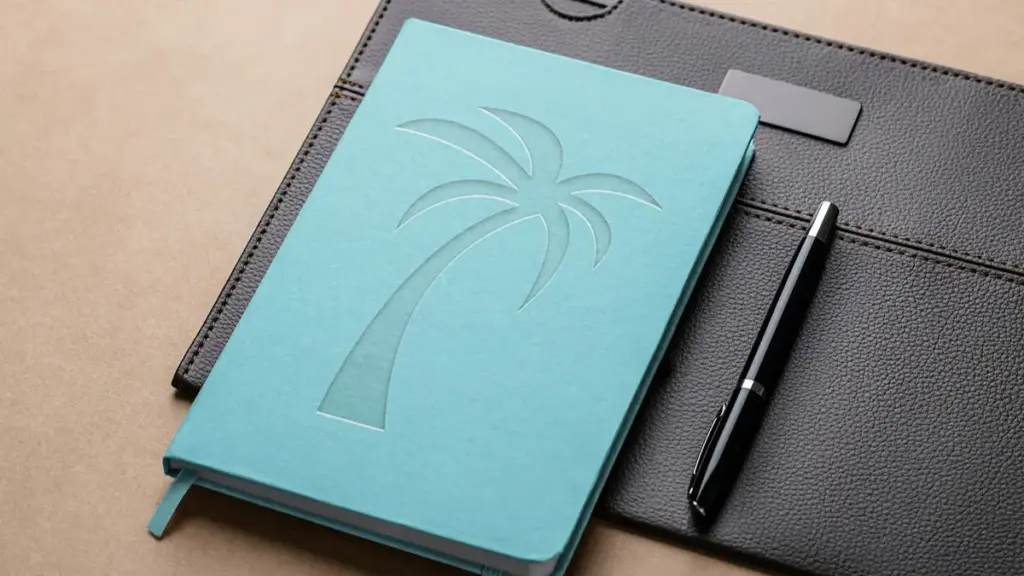 Light blue palm tree notebook and black pen on organizer