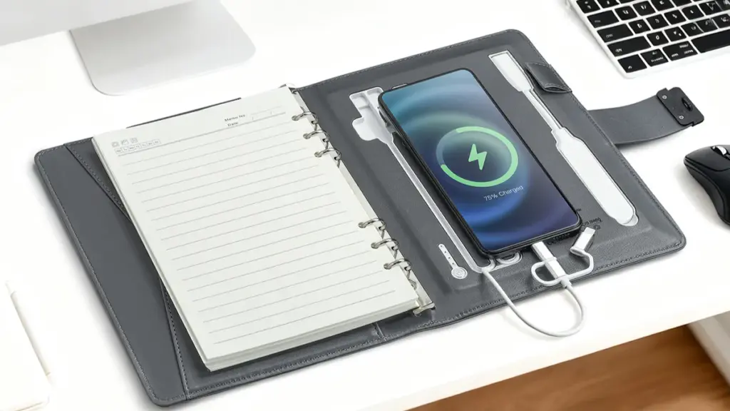 Notebook with built-in power bank charging a smartphone at a desk