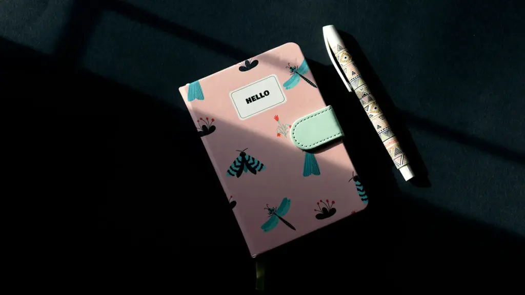 Pink bug-pattern notebook with matching pen in soft sunlight