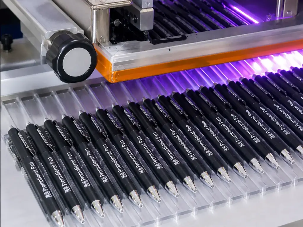 Curing station on a screen printing line producing custom promotional pens