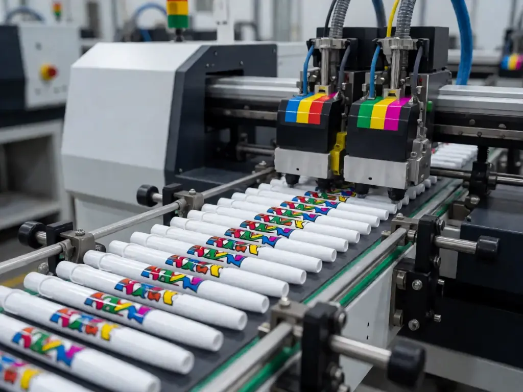 UV digital printer applying full-color logo artwork to white pen barrels on a production line