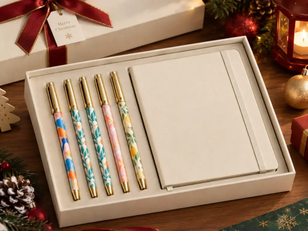 Christmas stationery gift set featuring a notebook and five decorative pens in a white box, surrounded by holiday decor