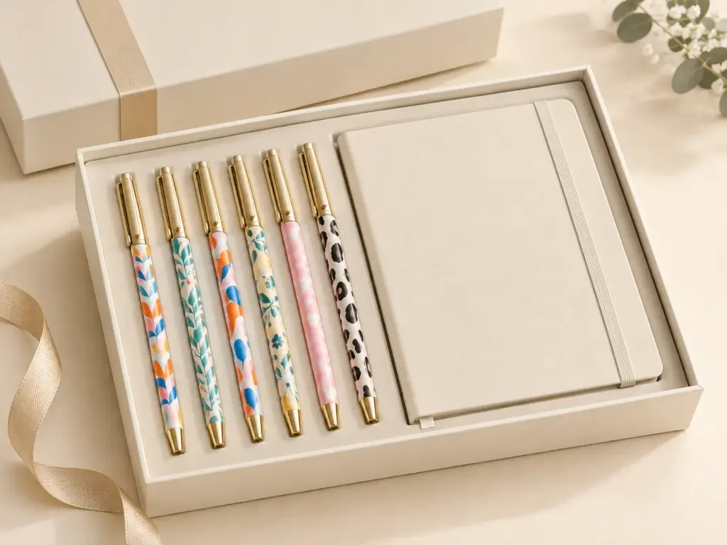 Six colorful patterned pens with gold accents and a cream notebook in a white gift box with ribbon