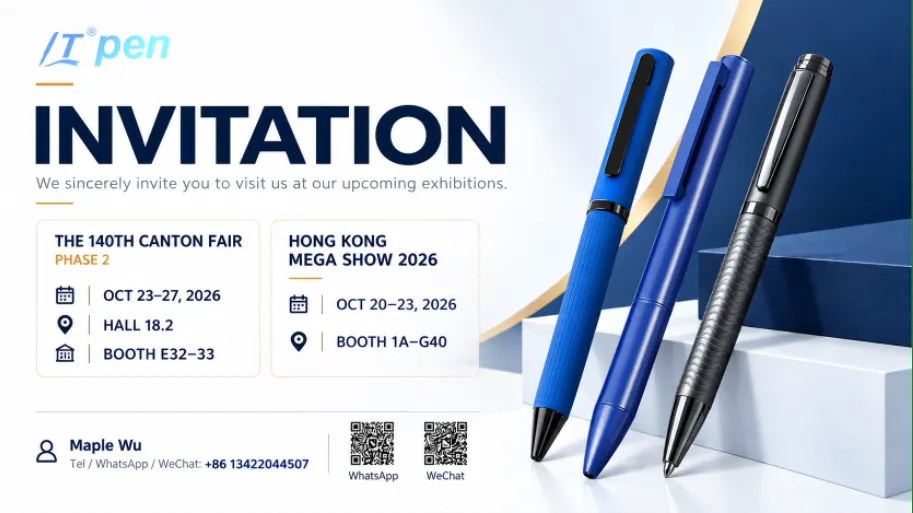 LT pen exhibition invitation featuring three ballpoint pens alongside booth details for the 140th Canton Fair and Hong Kong Mega Show 2026