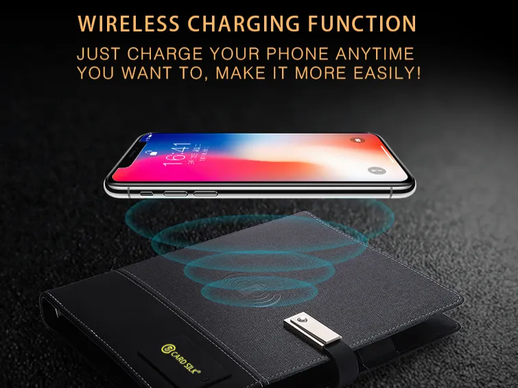 Black leather card wallet with wireless charging function, shown charging a smartphone