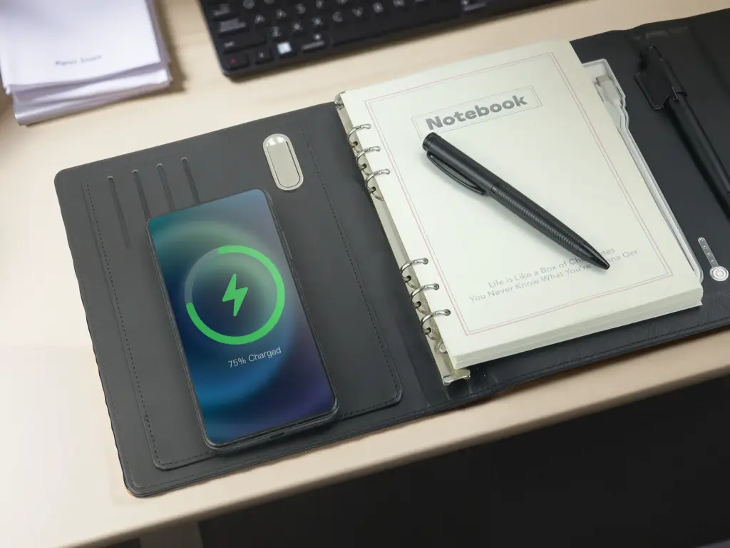 Leather folio organizer with a smartphone charging wirelessly on its pad beside an open ring notebook